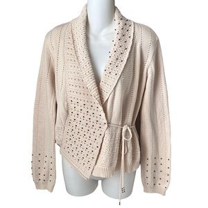 Metric Shawl Neck Long Sleeve Knit Wrap Tie Sweater Wood Bead Detail Size M Boho